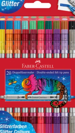 Faber Castell tusser med dobbelt spids tyk/tynd og glitter effekt. Æske med 20 farver.