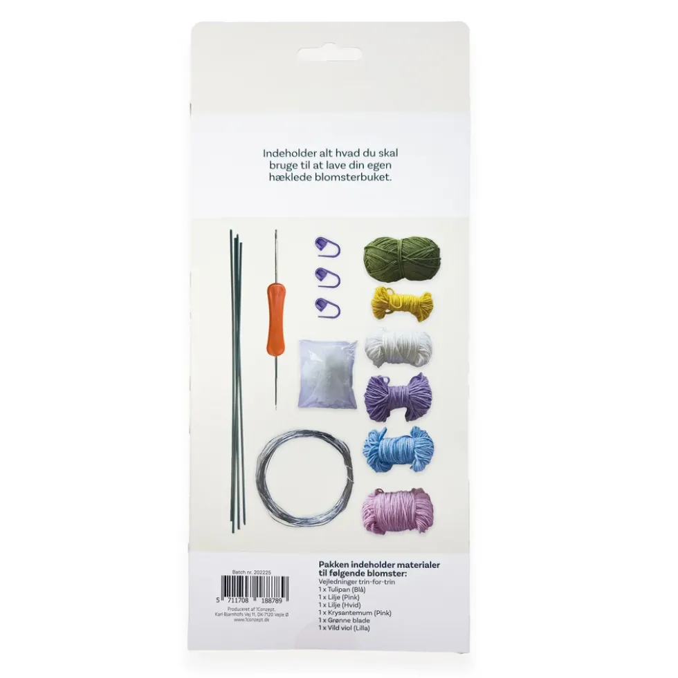 Hækle kit pastel blomster 6 stk blå, pink, hvid, lilla, grøn