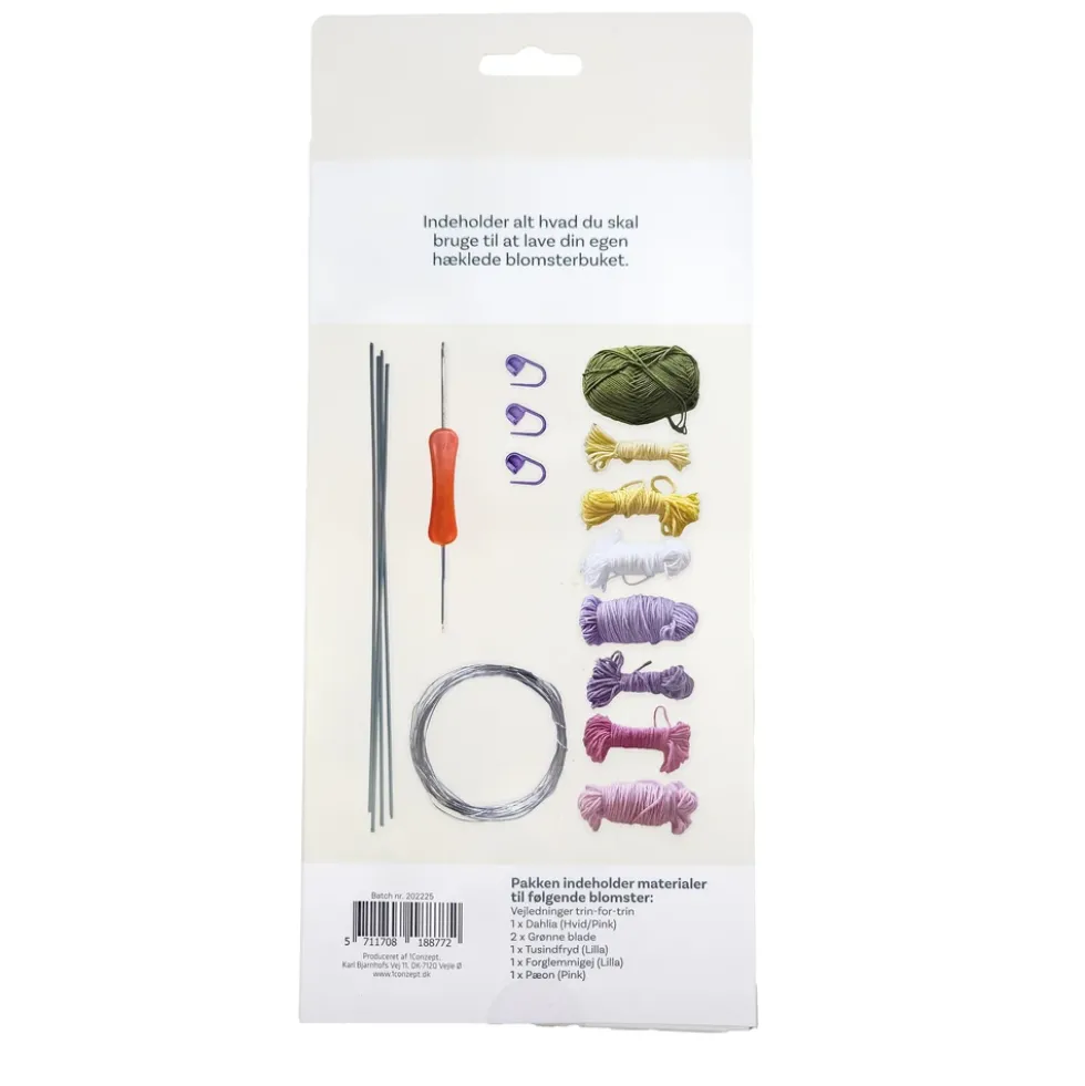 Hækle kit pastel blomster 6 stk i hvid, pink, lilla, grøn