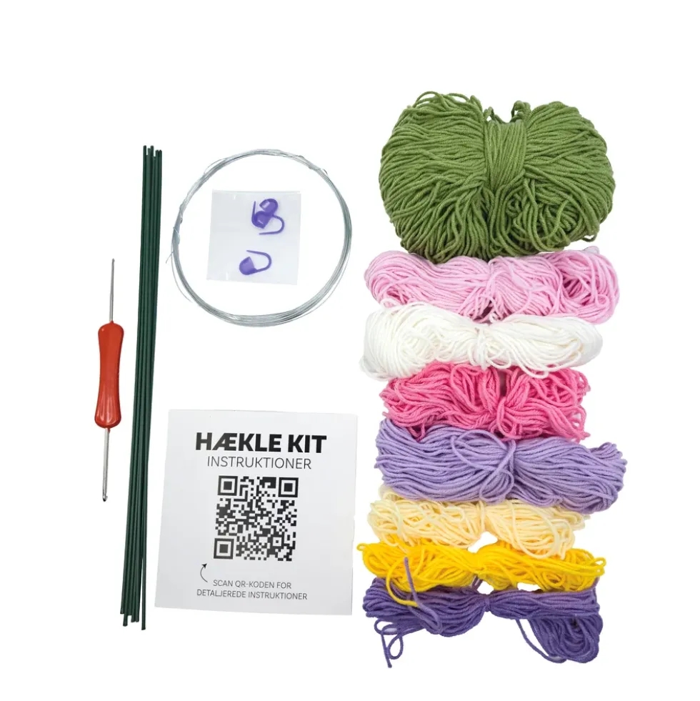 Hækle kit pastel blomster 6 stk i hvid, pink, lilla, grøn