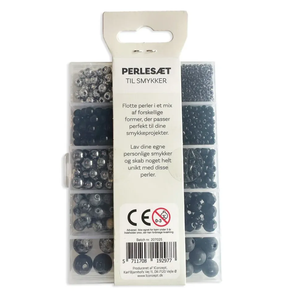 Perler æske sort/sølv forskellige størrelser inkl. nål/tråd