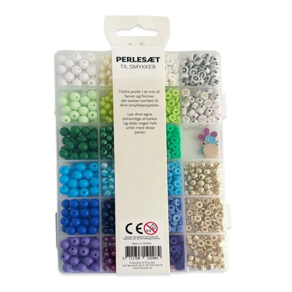 Perler æske trendy blå/grøn/guld/bogstav mix inkl. nål/tråd