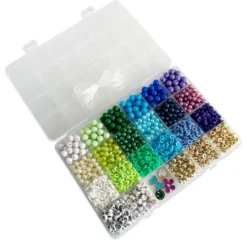 Perler æske trendy blå/grøn/guld/bogstav mix inkl. nål/tråd