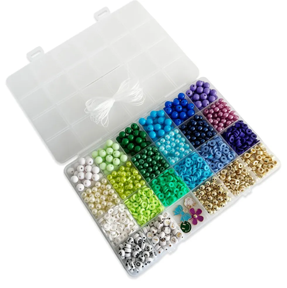Perler æske trendy blå/grøn/guld/bogstav mix inkl. nål/tråd